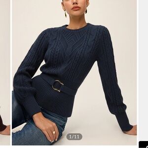 Commense Cinched Waist Belted Cable Knit Top